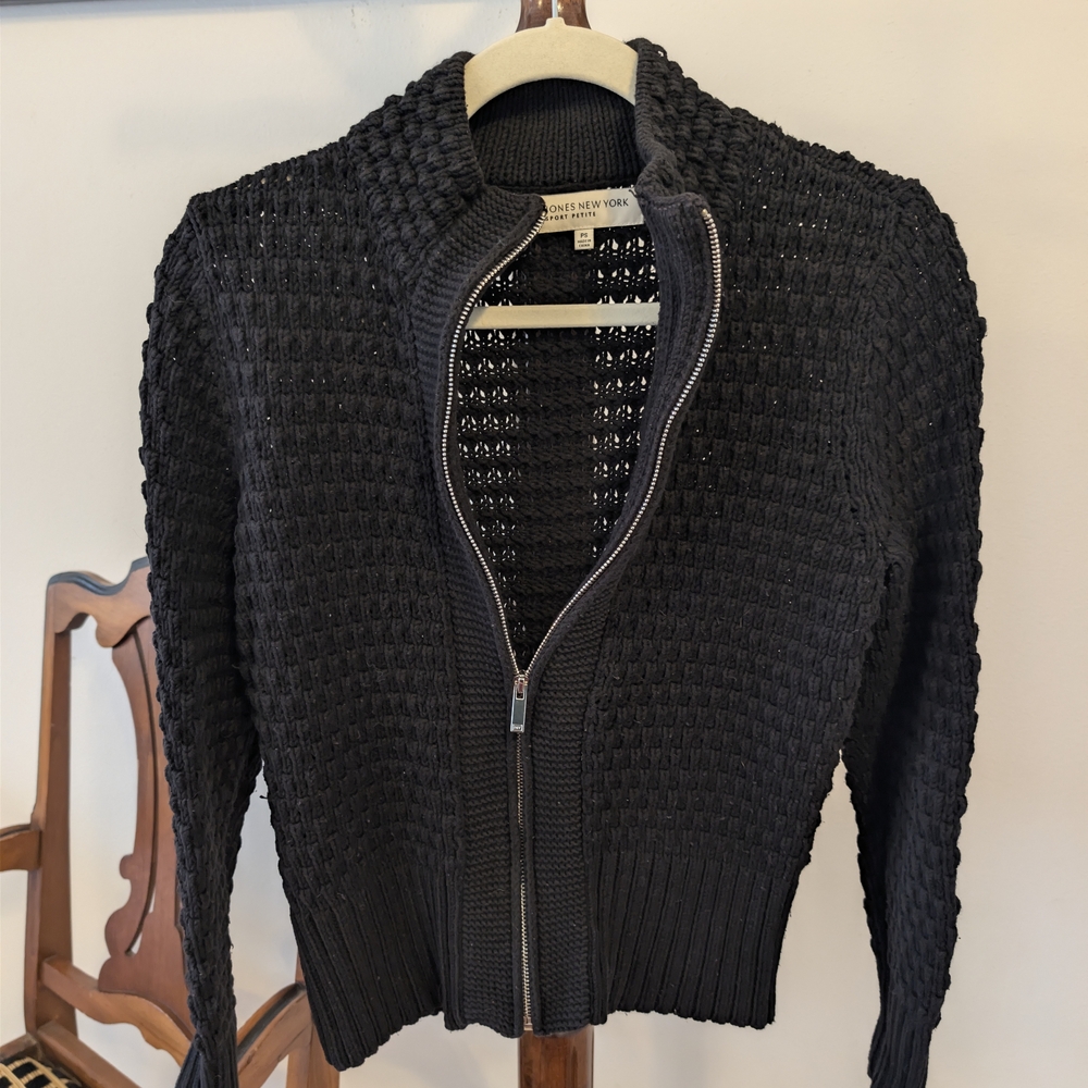 Jones New York Black Textured Zip-Front Cardigan